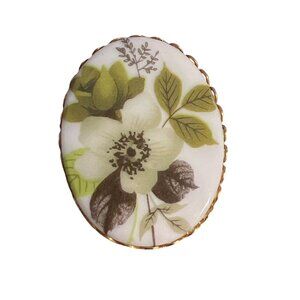Vintage Ceramic Transferware Brooch Pin Green Black Flower Oval Gold Tone Estate